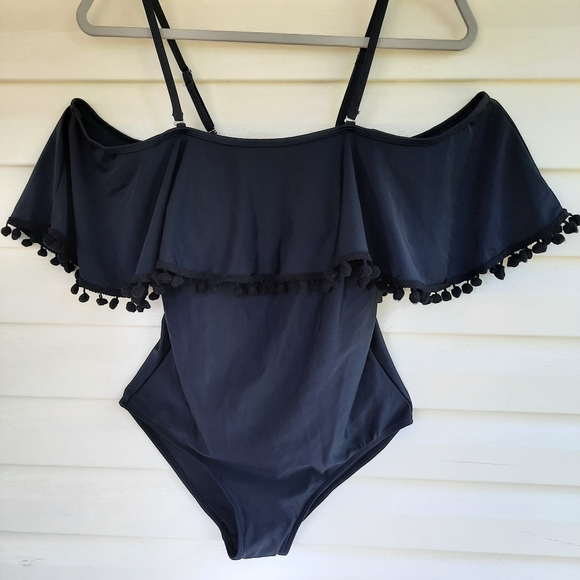 Tempt Me Black One Piece Pom Pom Ruffle Swimsuit Off Shoulder Swimwear Size M - Picture 7 of 12